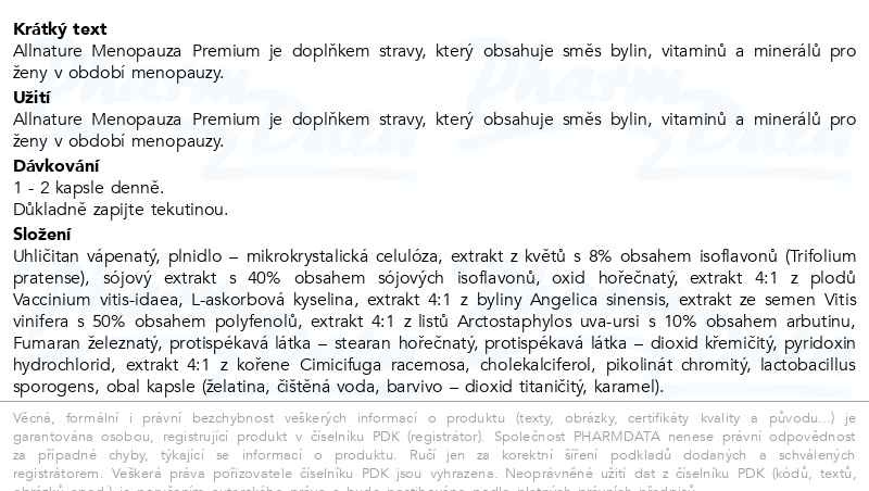 Příbalový leták - Allnature Menopauza Premium 60 kapslí