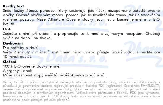 Příbalový leták - Allnature Ovesné vločky jemné BIO 500g