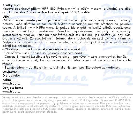 Příbalový leták - HiPP JUNIOR BIO Rýže s mrkví a krůtím masem 220g