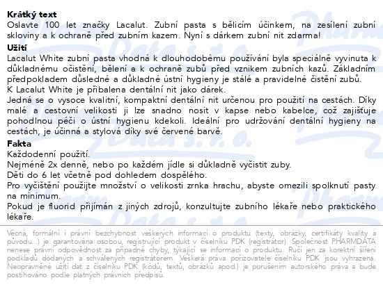 Příbalový leták - Lacalut White zubní pasta 75ml+dentální nit zdarma