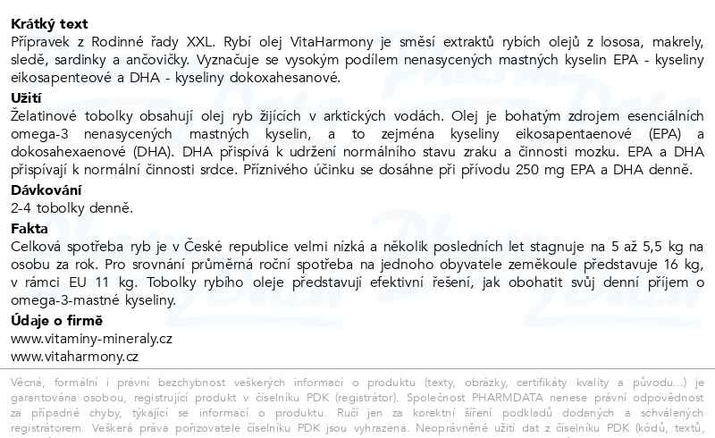 Příbalový leták - VitaHarmony Rybí olej Omega 3 1000mg XXL 150 tobolek