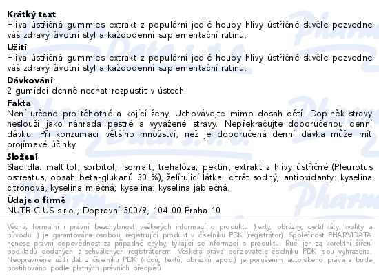 Příbalový leták - Hlíva ústřičná 500mg gummies 60ks