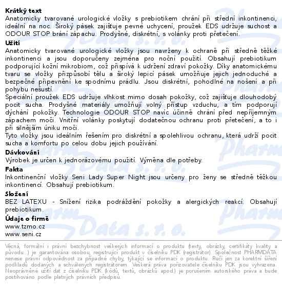Příbalový leták - Seni Lady inkontinenční vložky super night 12ks