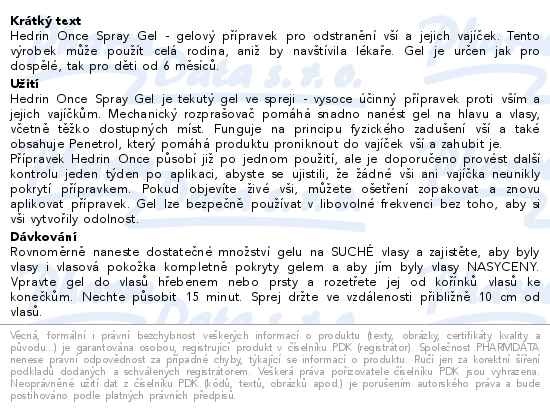 Příbalový leták - Hedrin Once spray gel 100ml