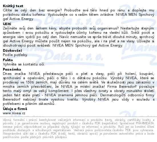 Příbalový leták - NIVEA MEN Sprchový gel pro muže 3 v 1 Active Energy 250ml