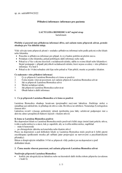 Příbalový leták (SUKL) - Lactulosa Biomedica 667mg/ml sir.1x250ml