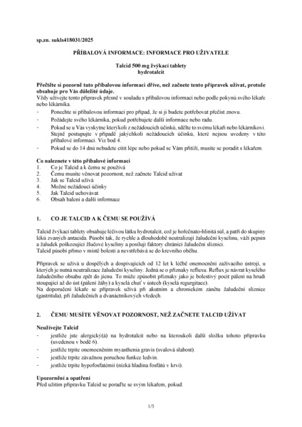 Příbalový leták (SUKL) - Talcid 500mg 50 žvýkacích tablet