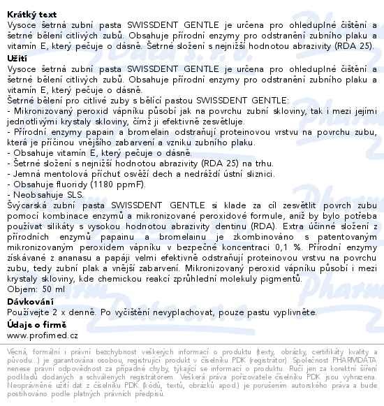 Příbalový leták - Swissdent GENTLE bělicí zubní pasta 50ml 19050