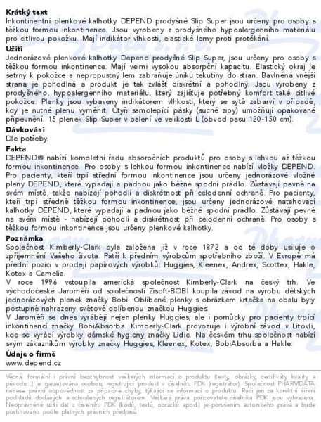 Příbalový leták - Depend Slip Super inkont.kalhotky vel.L 15ks