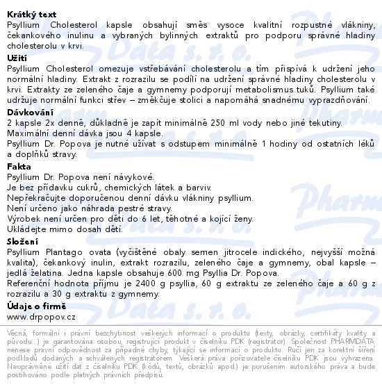 Příbalový leták - Dr.Popov Psyllium Cholesterol 120 kapslí