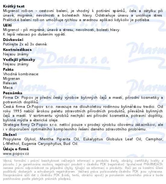 Příbalový leták - Dr.Popov Migrenol roll-on masážní olej 6ml
