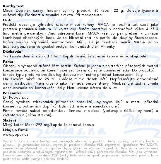Příbalový leták - Dr.Popov Maca při únavě a stresu 60 kapslí