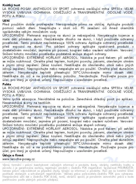 Příbalový leták - LA ROCHE-POSAY ANTHELIOS UVsport mlha SPF50+ 200ml
