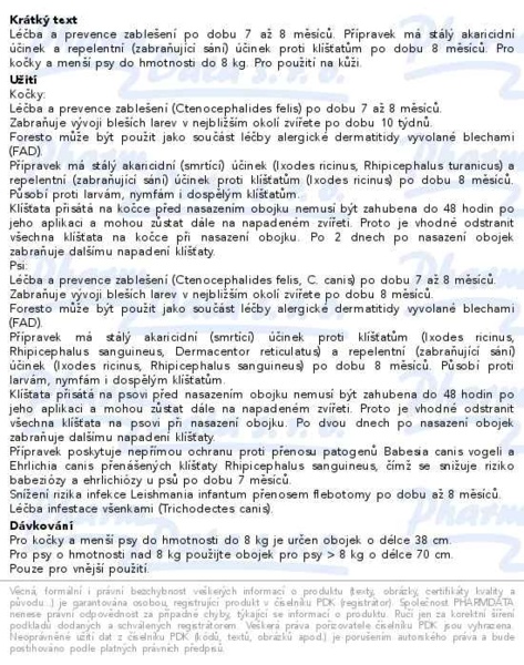 Příbalový leták - Foresto 1.25g+0.56g obojek pro kočky a psy do 8kg, 38cm