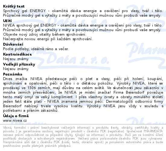 Příbalový leták - NIVEA MEN Sprchový gel pro muže Energy 500 ml
