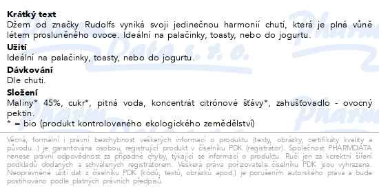 Příbalový leták - Rudolfs Malinový džem BIO 400g
