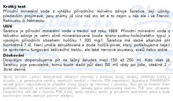 Příbalový leták - Šaratica přírodní minerální voda neperlivá 0.5l