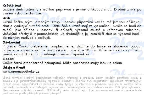 Příbalový leták - Green Apotheke Čočka černá neloupaná 300g