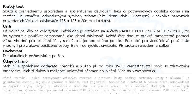 Příbalový leták - Dávkovač léků OBZOR typ 04 týdenní duhový