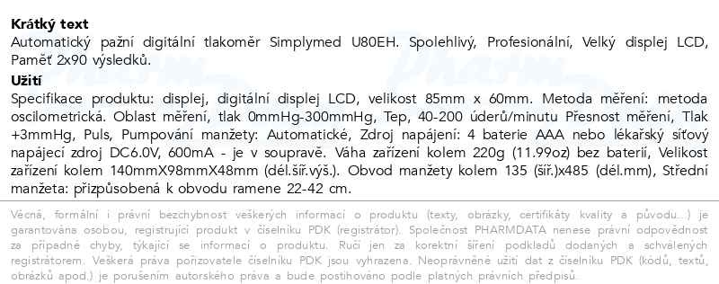 Příbalový leták - SimplyMed Pažní digitální tlakoměr s adapterem U80EH