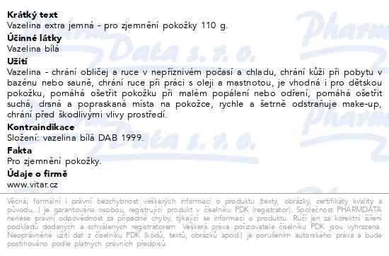 Příbalový leták - Vitar Vazelina extra jemná bílá 110g