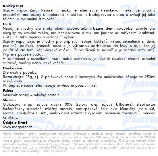 Příbalový leták - Sójový nápoj Zajíc natural 400g sáček