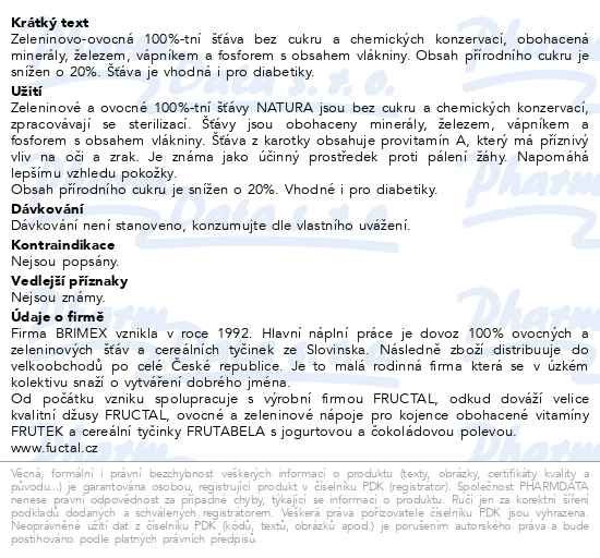 Příbalový leták - NATURA mrkev - pomeranč - jablko 100% 700 ml