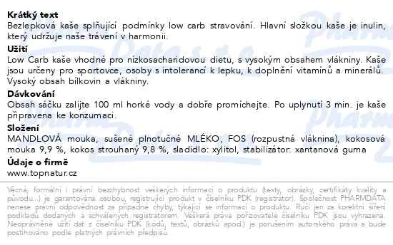 Příbalový leták - LOW CARB kaše kokosová 60g TOPNATUR