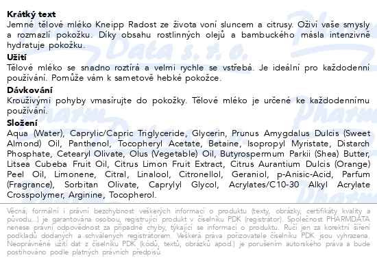 Příbalový leták - KNEIPP Tělové mléko Radost ze života 200 ml