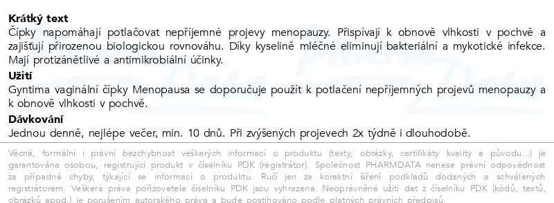 Příbalový leták - Fytofontana Gyntima vaginál.čípky Menopausa 10ks