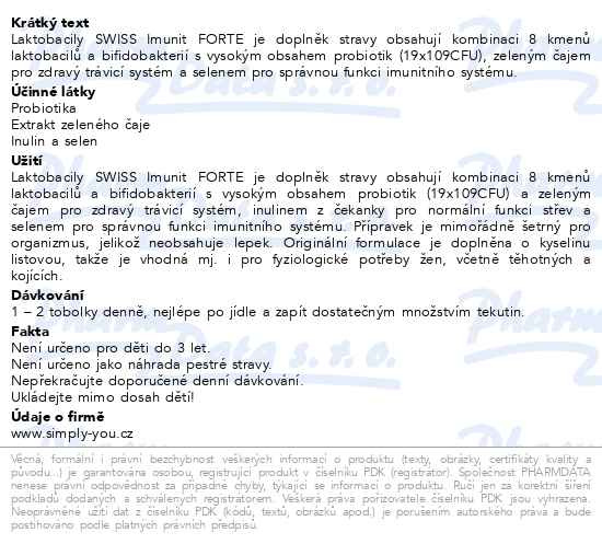 Příbalový leták - Laktobacily SWISS Imunit FORTE 30tob.