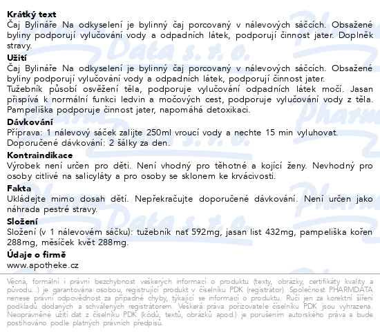 Příbalový leták - Čaj Bylináře Na odkyselení 40x1.6g