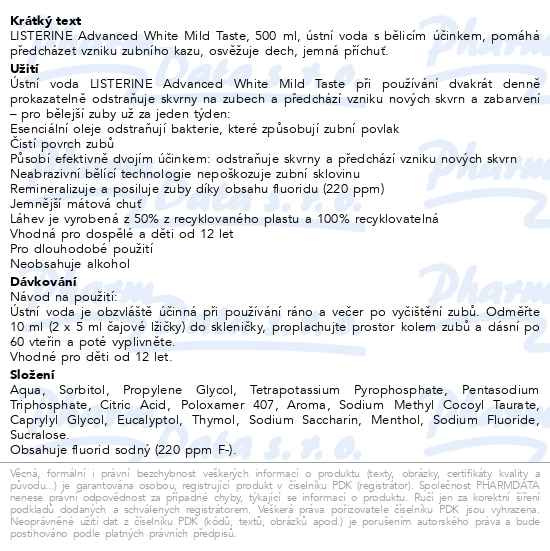 Příbalový leták - LISTERINE ADVANCED WHITE Mild Taste 500ml