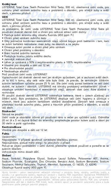 Příbalový leták - LISTERINE TOTAL CARE TEETH PROTEC.Mild Taste 500ml