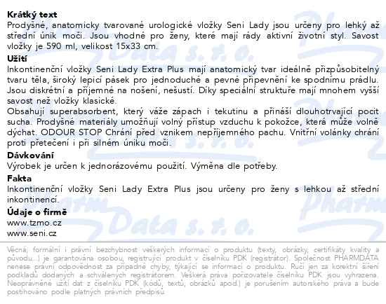 Příbalový leták - Seni Lady Extra Plus inkontinenční vložky 15ks