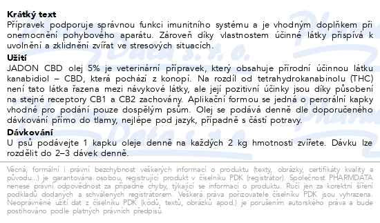Příbalový leták - Jadon CBD konopný olej 5% pro psy 10ml