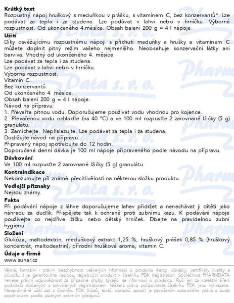 Příbalový leták - Sunar rozpustný nápoj hruškový s meduňkou 200g
