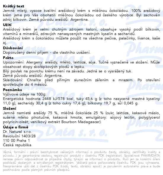 Příbalový leták - Dr.Natural Arašídový krém s mléčnou čokoládou 220g