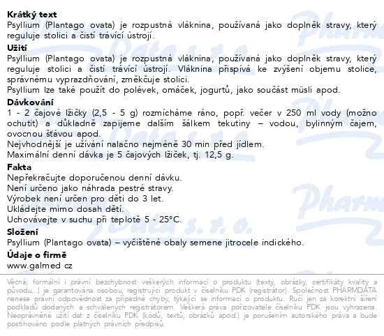 Příbalový leták - Psyllium BIO-indická rozpust. Vláknina Galmed 500g