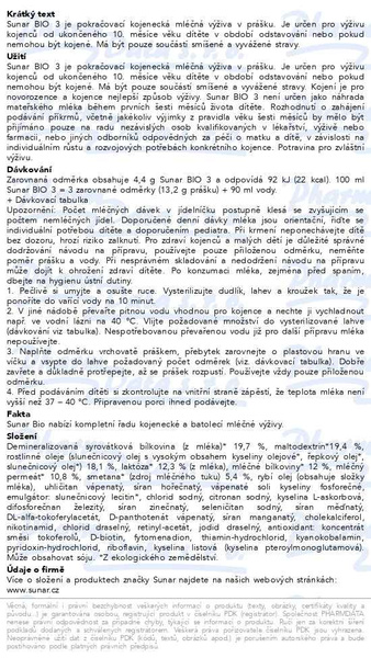 Příbalový leták - Sunar BIO 3,  batolecí mléko