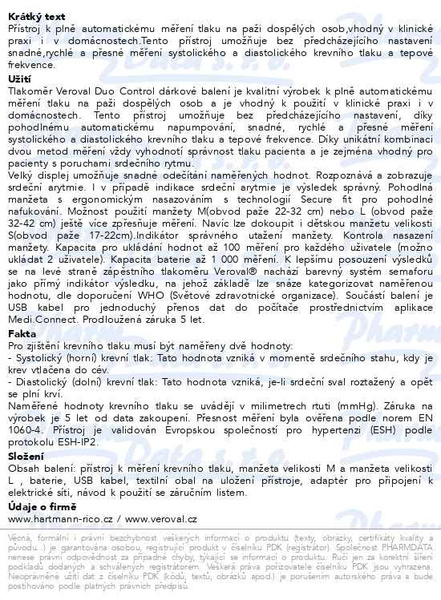 Příbalový leták - Tonometr digitální VEROVAL DuoControl dárkové balení