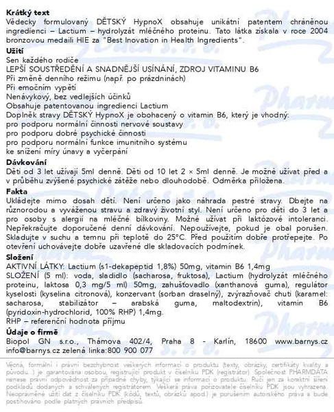 Příbalový leták - Barnys Dětský HypnoX zklidňující sirup 120ml