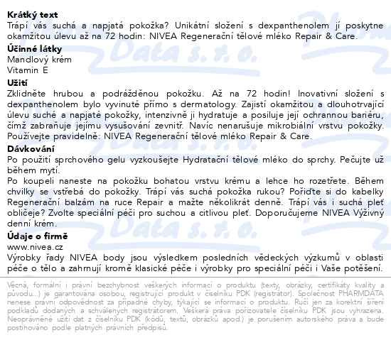 Příbalový leták - NIVEA RepairCare regenerační tělové mléko 400ml