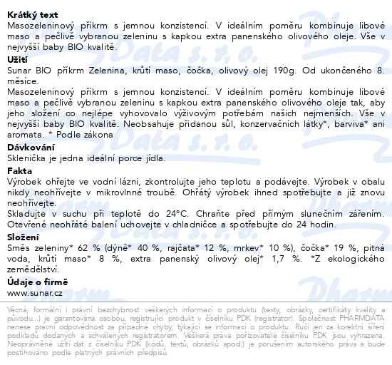 Příbalový leták - Sunar BIO příkrm Zelenina kuřecí maso, čočka, olivový olej 190g