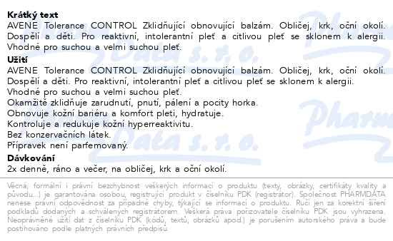 Příbalový leták - AVENE Tolérance CONTROL Zklidňující obnovující balzám pro citlivou a reaktivní pleť 40 ml