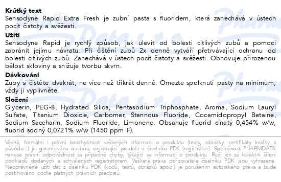 Příbalový leták - Sensodyne Rapid Extra Fresh zubní pasta pro citlivé zuby 75ml