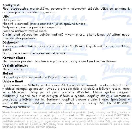 Příbalový leták - Ostropestřec mariánský 20x2g Fytopharma