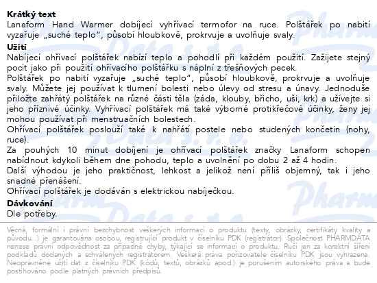 Příbalový leták - Lanaform Hand Warmer vyhřívací termofor na ruce
