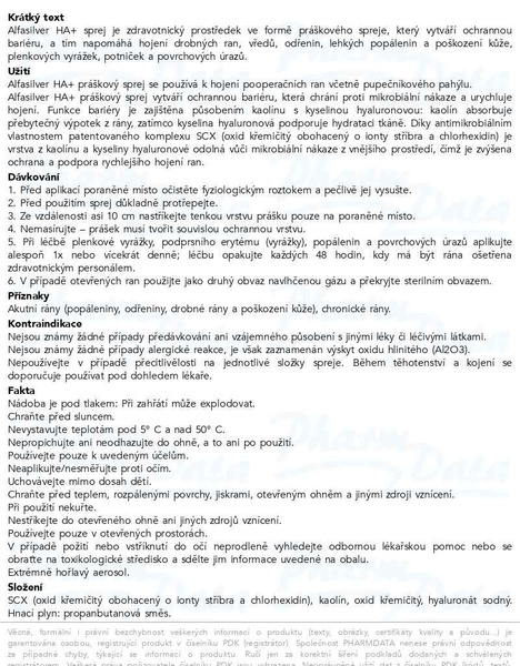 Příbalový leták - Alfasilver HA+ práškový sprej 125ml