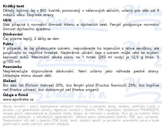 Příbalový leták - Apotheke Dětský čaj BIO průduškový 20x1.5g